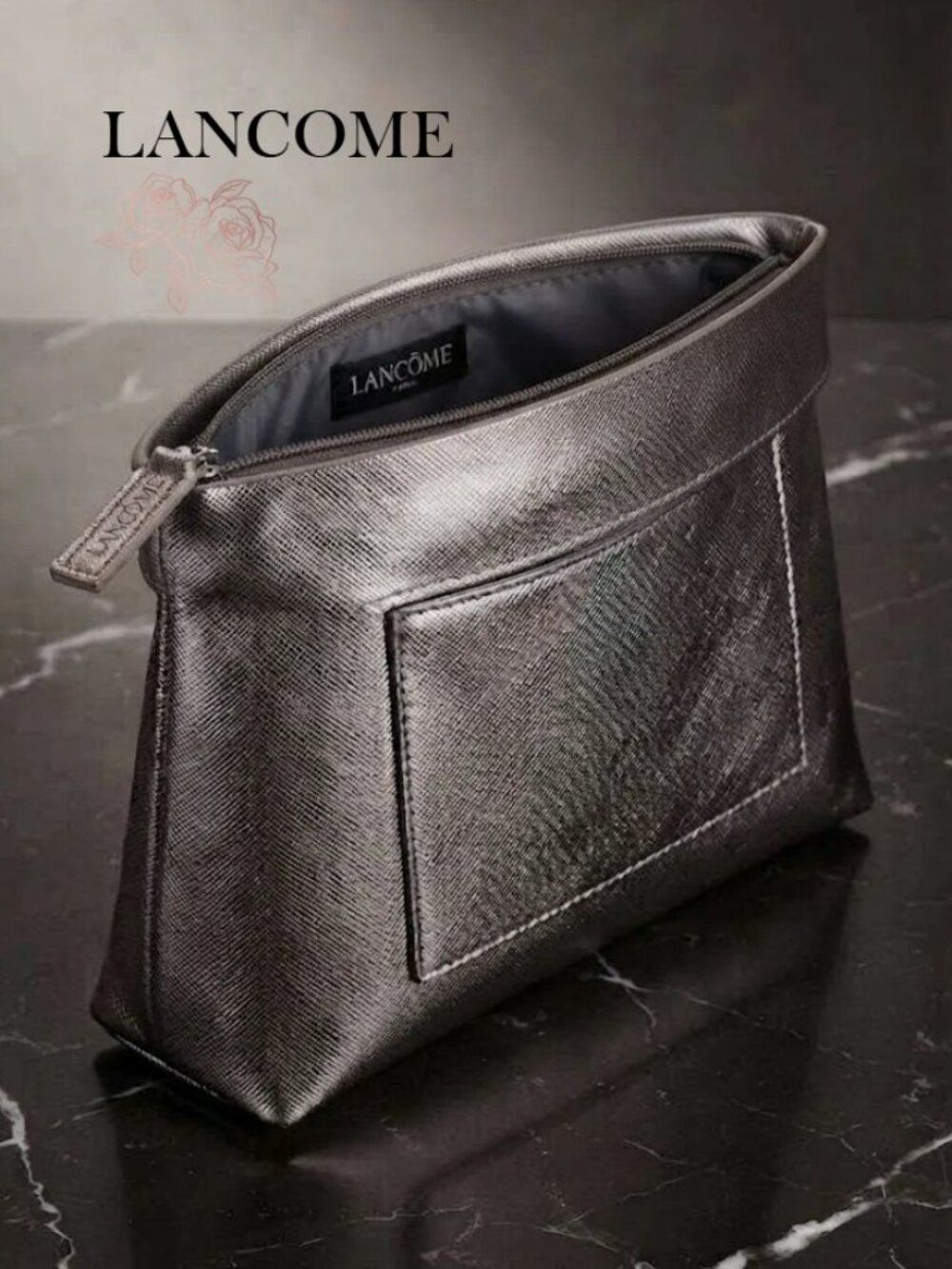 Lancôme Metallic Pewter Cosmetic Bag Makeup Pouch Toiletry Case